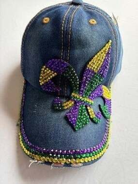 Bijorca Womens Rhinestone Fleur De Lis Mardi Gras Denim Baseball Cap Hat Blue